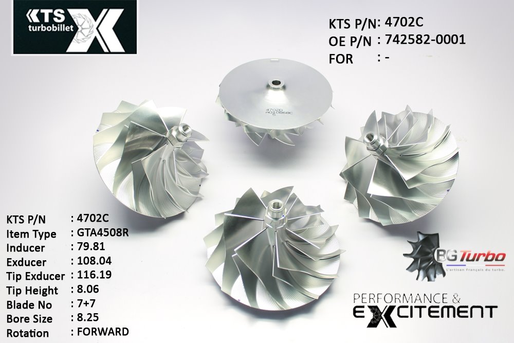 Turbo ROUE FORGÉE MFS PERFORMANCE - 7+7 PALES - INDUCER : 79,81 - EXDUCER : 108,04 - TYPE : GTA4508RANGLE : 55° - ROTATION : Forward - SUPER BACK : 9,52 - BORE SIZE : 8,25
